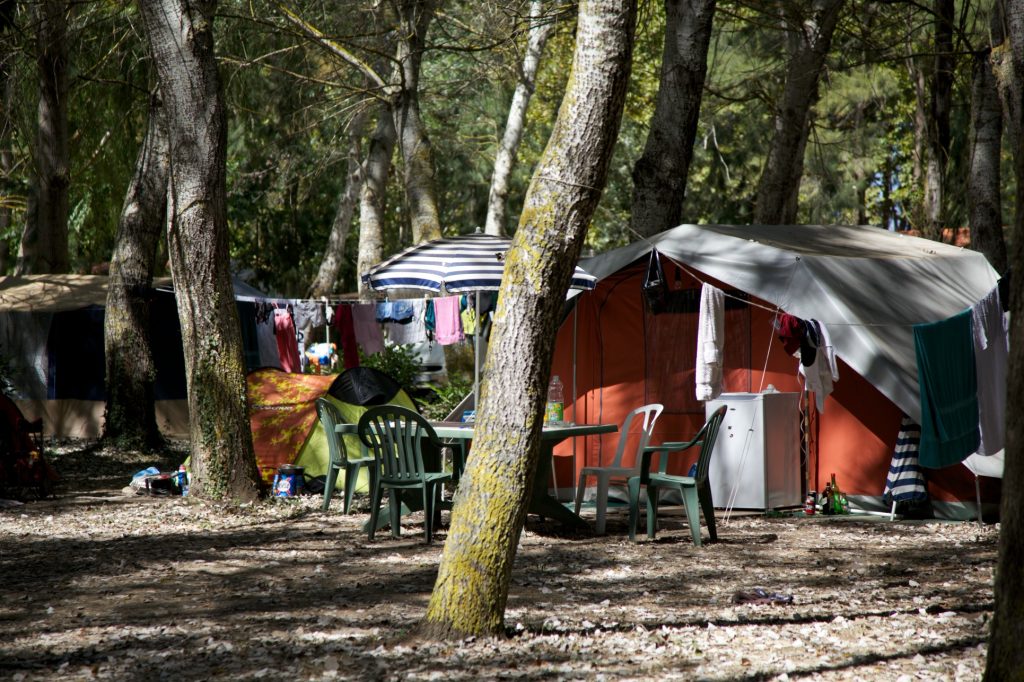 Schattiger Stellplatz unter Bäumen auf dem Campingplatz