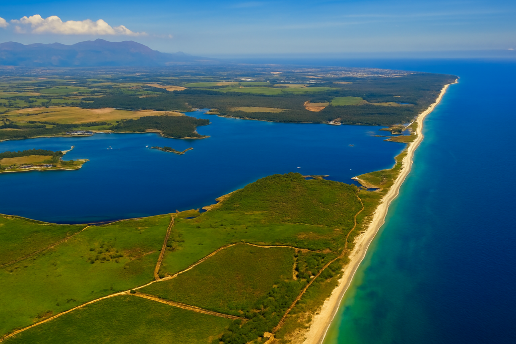 Strandsee und Strand an der Ostküste Korsikas aus der Luft