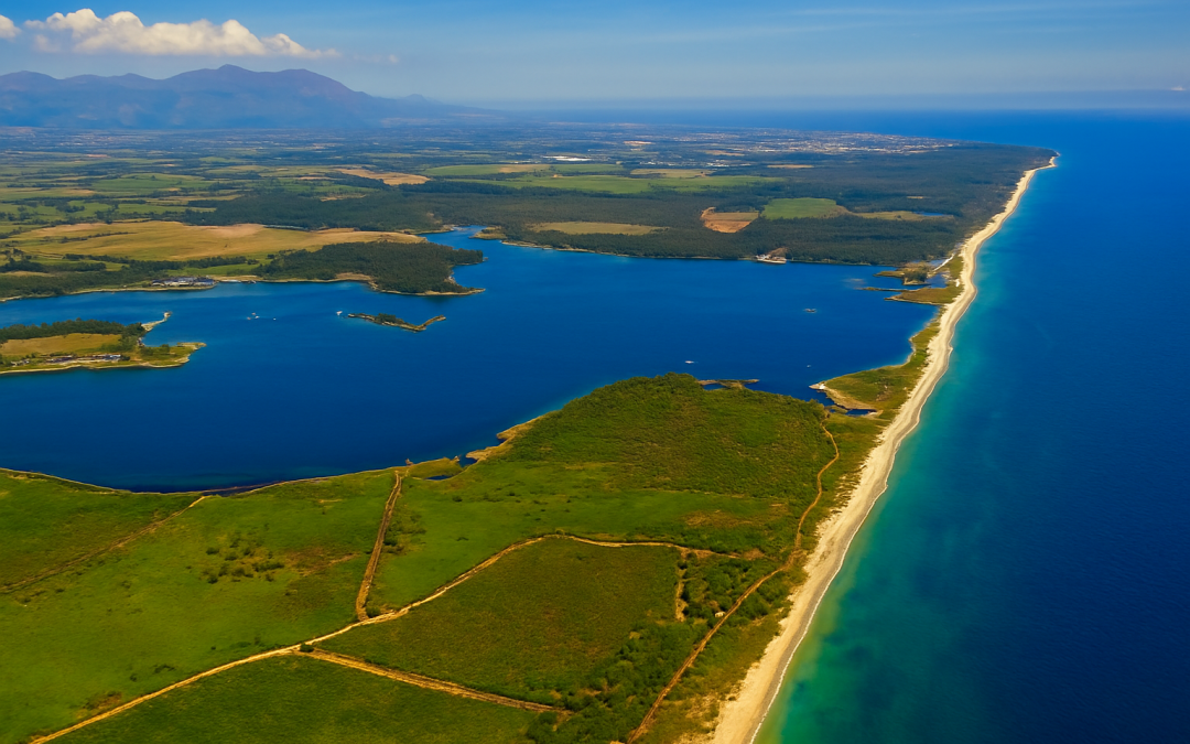 Étang et plage de la côte orientale de la Corse vus du ciel